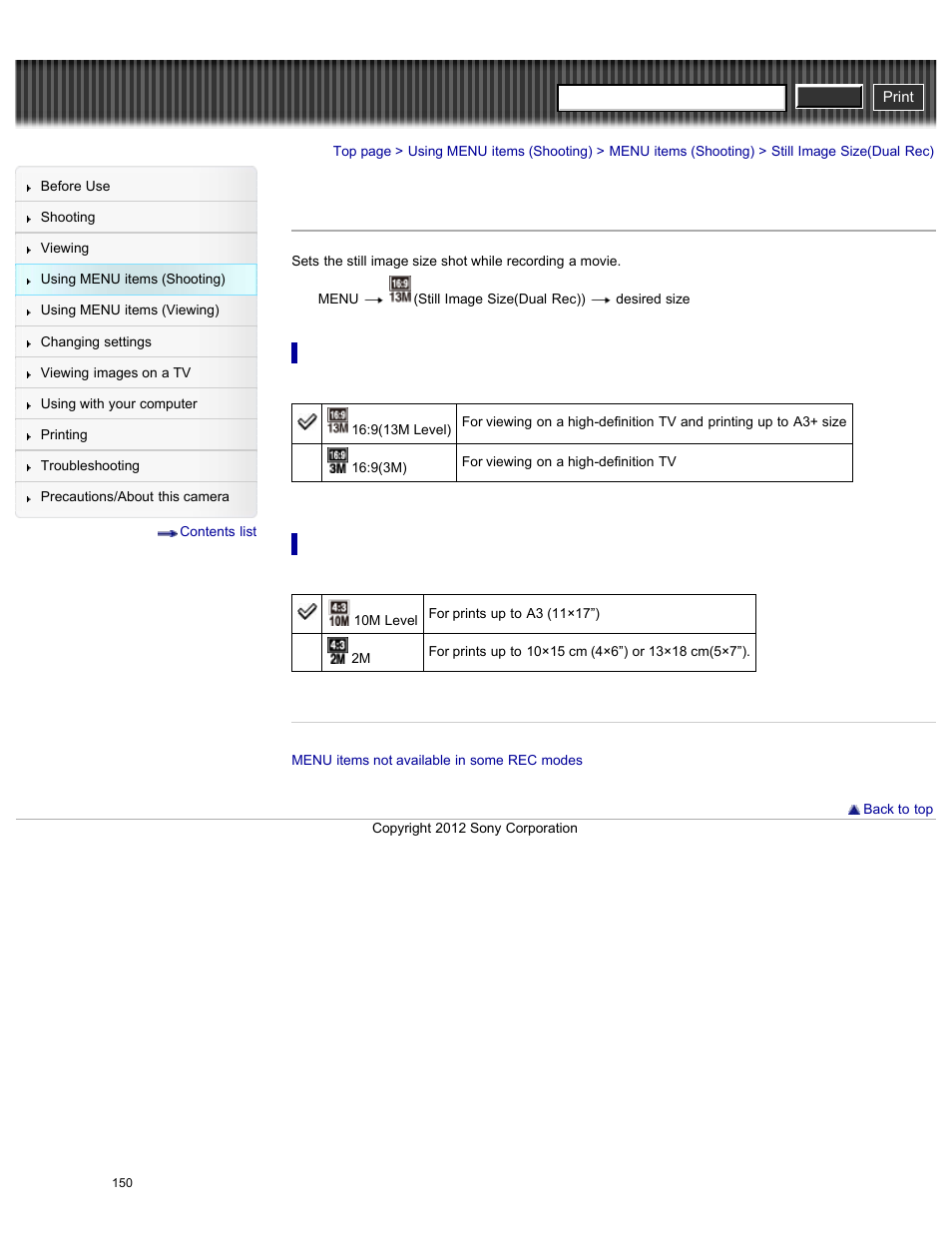 Still image size(dual rec), Details, Cyber-shot user guide | Sony DSC-HX200V User Manual | Page 159 / 297