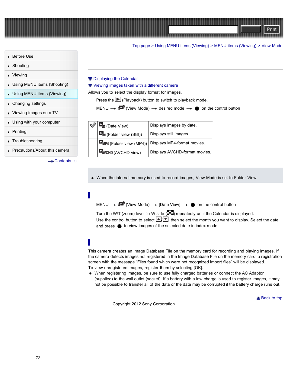 View mode, Displaying the calendar, Viewing images taken with a different camera | Cyber-shot user guide | Sony DSC-HX200V User Manual | Page 181 / 297