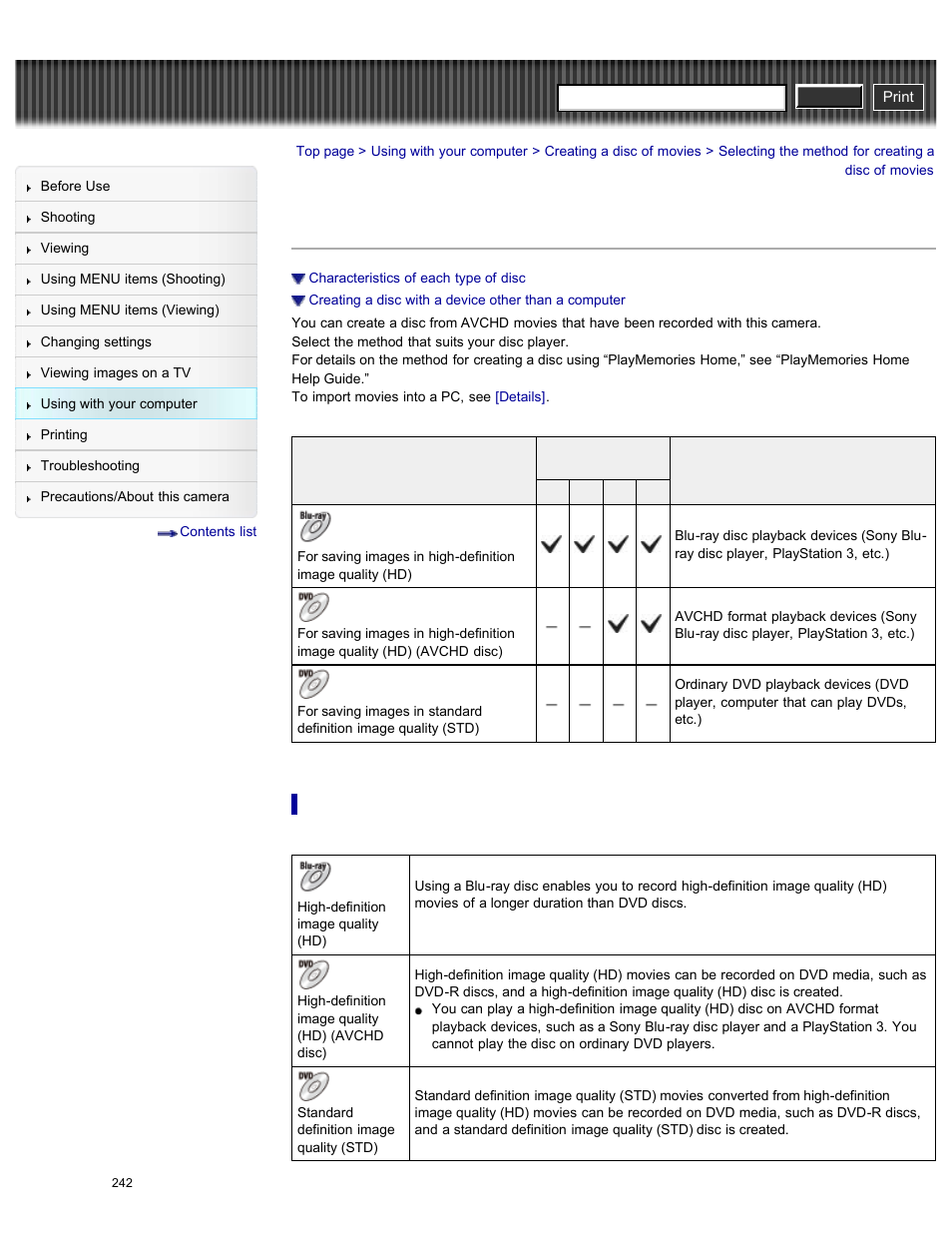 Selecting the method for creating a disc of movies, Characteristics of each type of disc, Cyber-shot user guide | Sony DSC-HX200V User Manual | Page 251 / 297