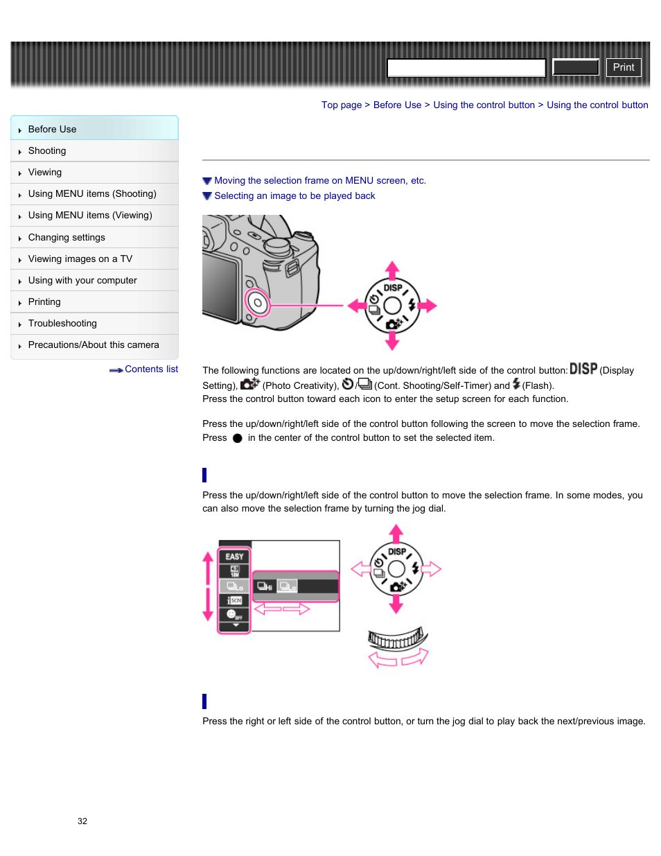 Using the control button, Moving the selection frame on menu screen, etc, Selecting an image to be played back | Cyber-shot user guide | Sony DSC-HX200V User Manual | Page 41 / 297