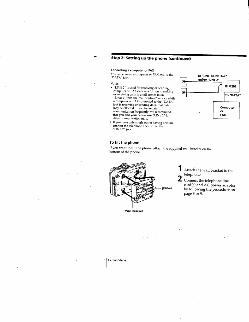 Connecting a computer or fax, Notes, To tilt the phone | Sony IT-M202 User Manual | Page 10 / 55