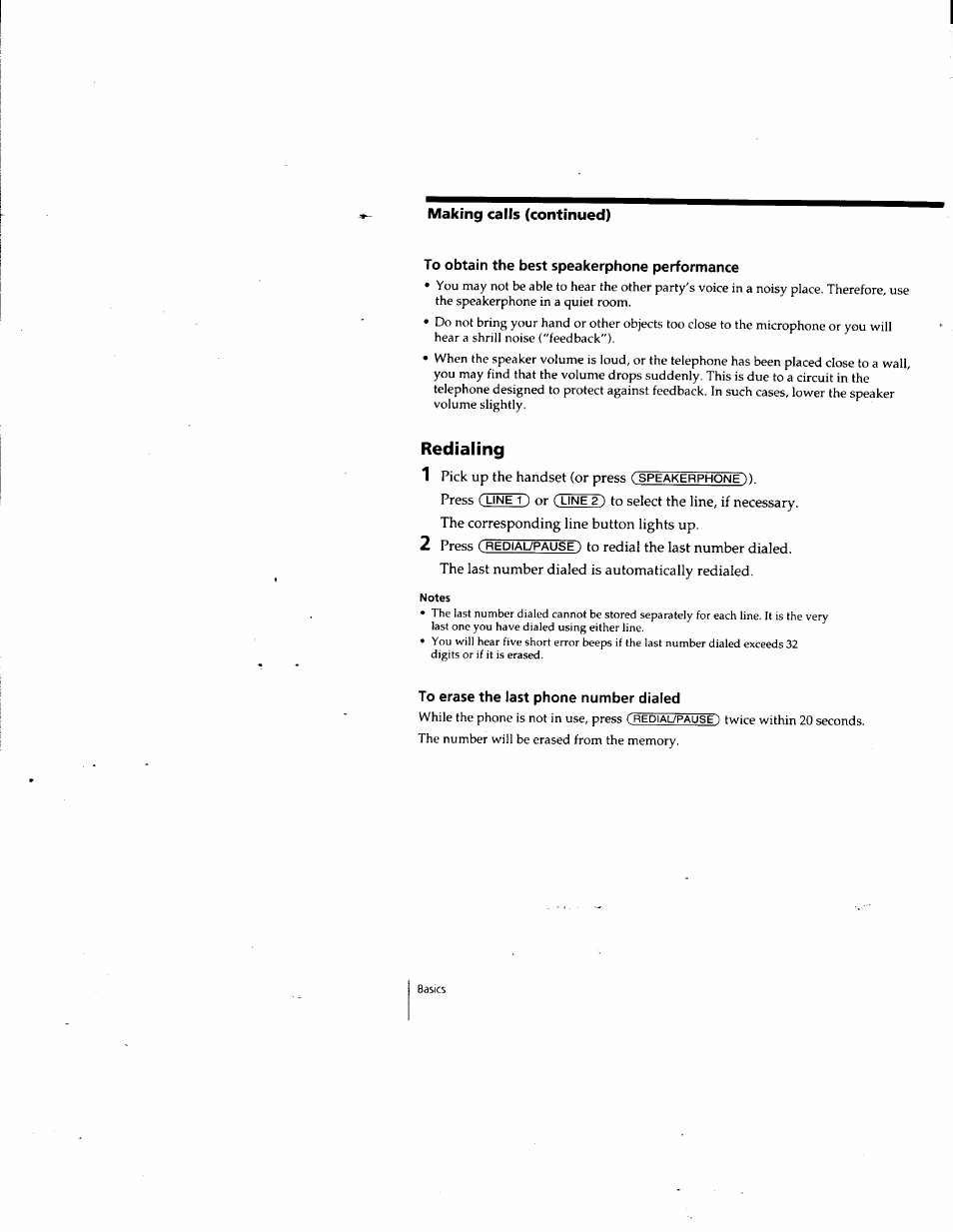 To obtain the best speakerphone performance, Notes, To erase the last phone number dialed | Redialing | Sony IT-M202 User Manual | Page 14 / 55