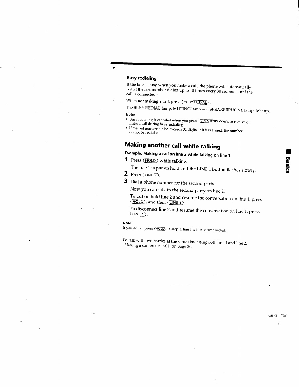 Busy redialing, Note, Making another call while talking | Sony IT-M202 User Manual | Page 15 / 55