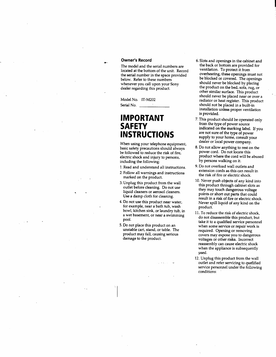 Owner's record, Important safety instructions | Sony IT-M202 User Manual | Page 2 / 55