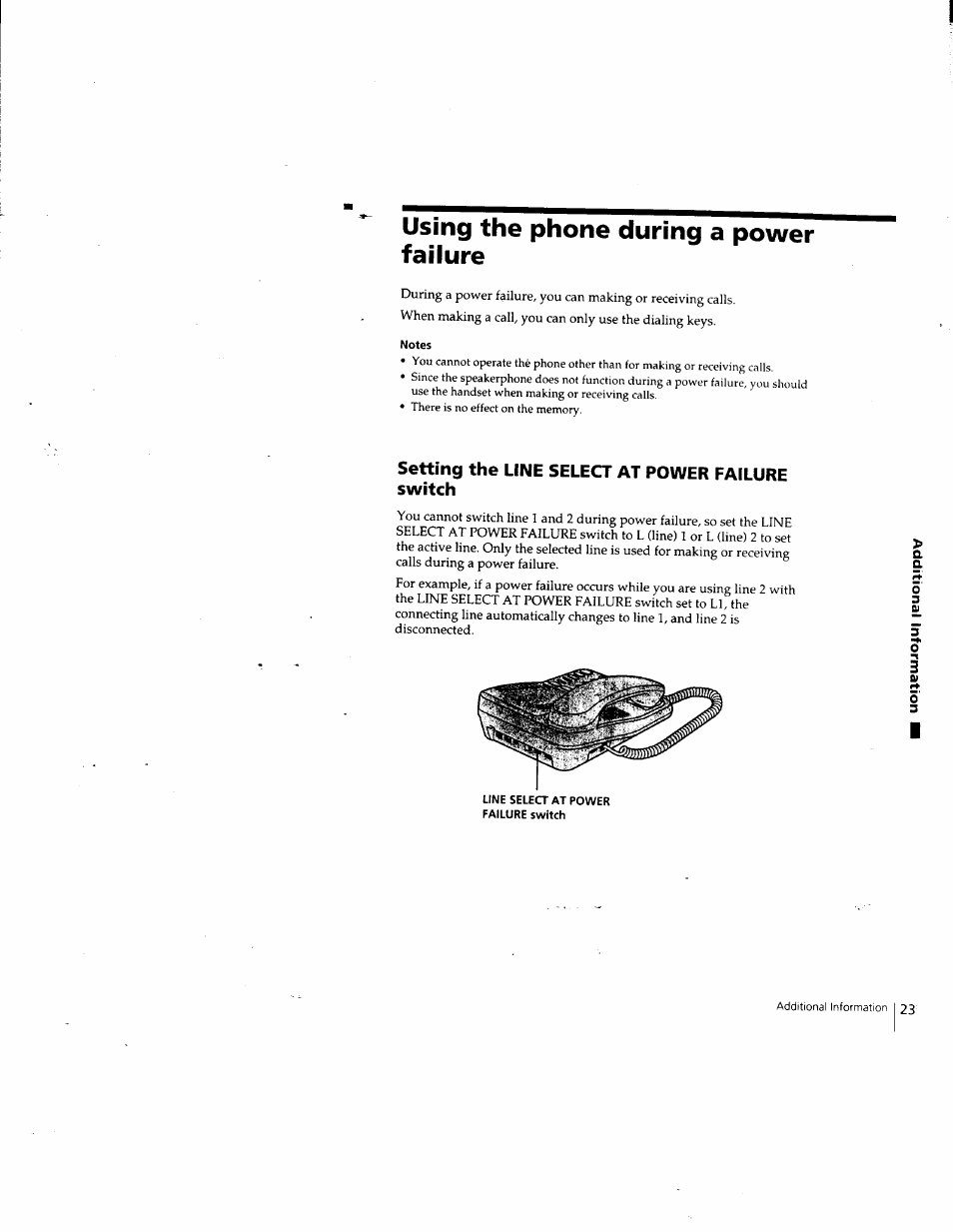 Using the phone during a power failure, Notes, Setting the line select at power failure switch | Sony IT-M202 User Manual | Page 23 / 55