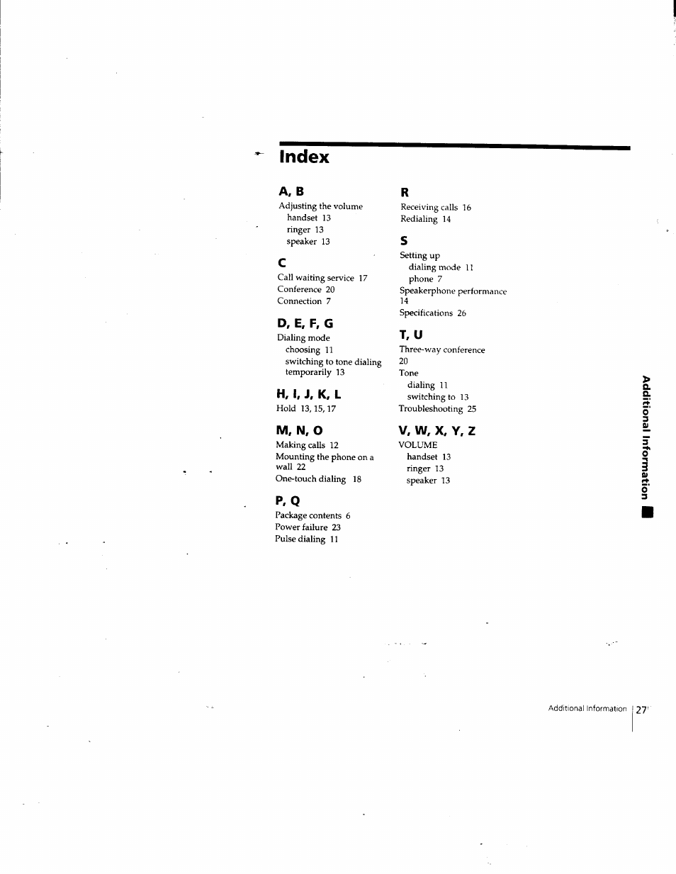 Index, A, b, D, e. f. g | H, i. j, k, l, M, n, o, P, q, V, w, x, y, z | Sony IT-M202 User Manual | Page 27 / 55