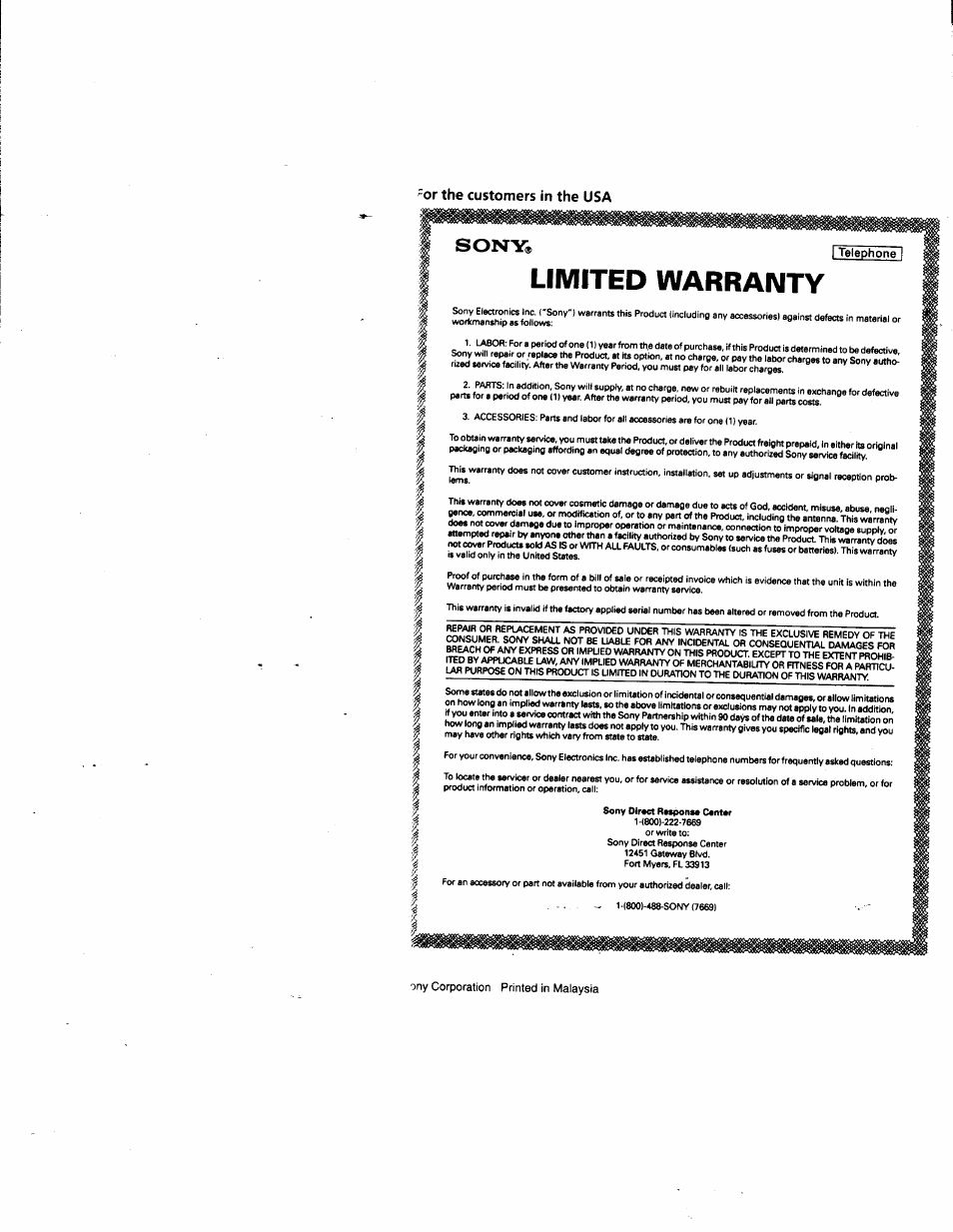 Or the customers in the usa, Limited warranty, Sony | Sony IT-M202 User Manual | Page 28 / 55