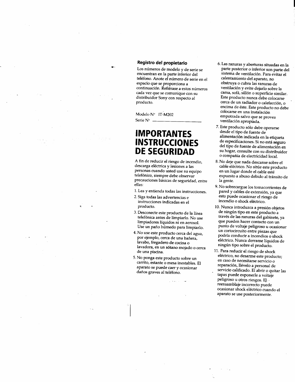 Registro del propietario, Importantes instrucciones de seguridad | Sony IT-M202 User Manual | Page 29 / 55
