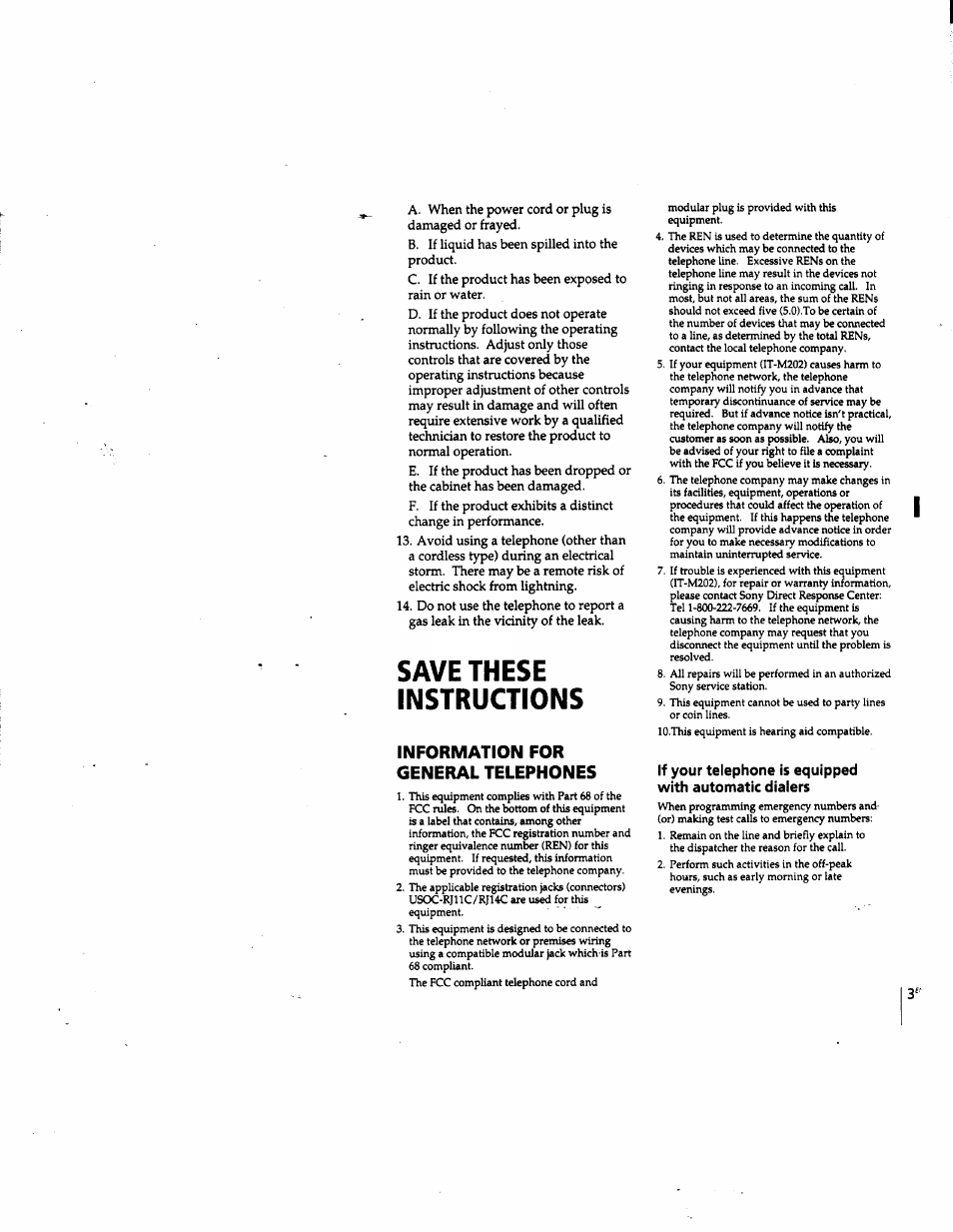 Save these instructions, Information for general telephones | Sony IT-M202 User Manual | Page 3 / 55