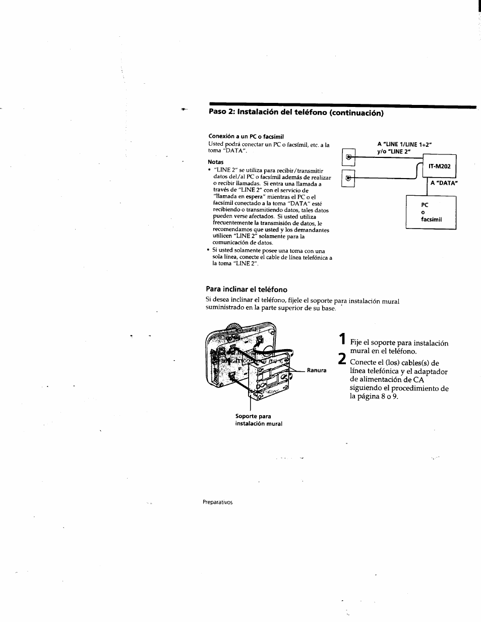 Conexión a un pc o facsímil, Notas, Para inclinar el teléfono | Soporte para instalación mural | Sony IT-M202 User Manual | Page 37 / 55