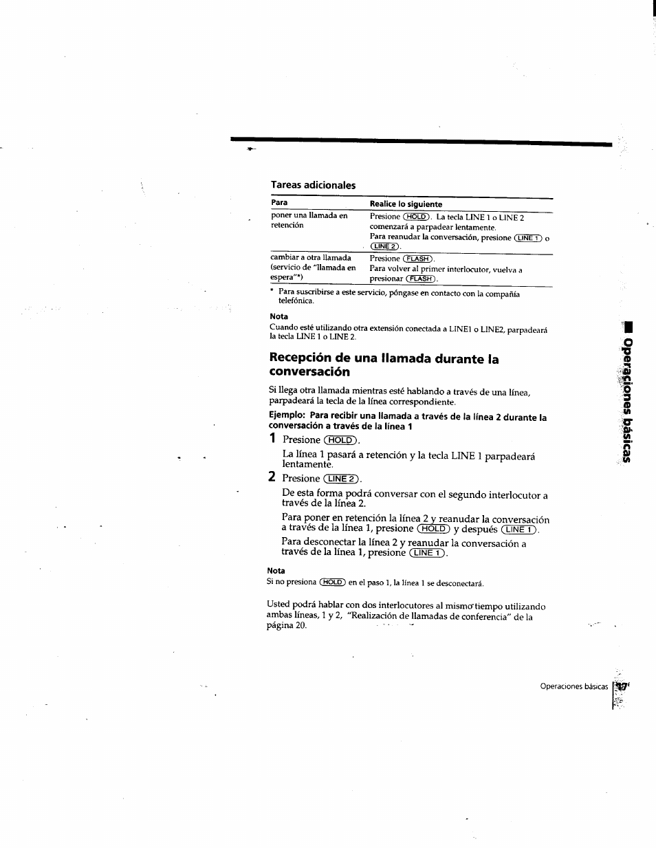 Tareas adicionales, Nota, Recepción de una llamada durante la conversación | Sony IT-M202 User Manual | Page 44 / 55