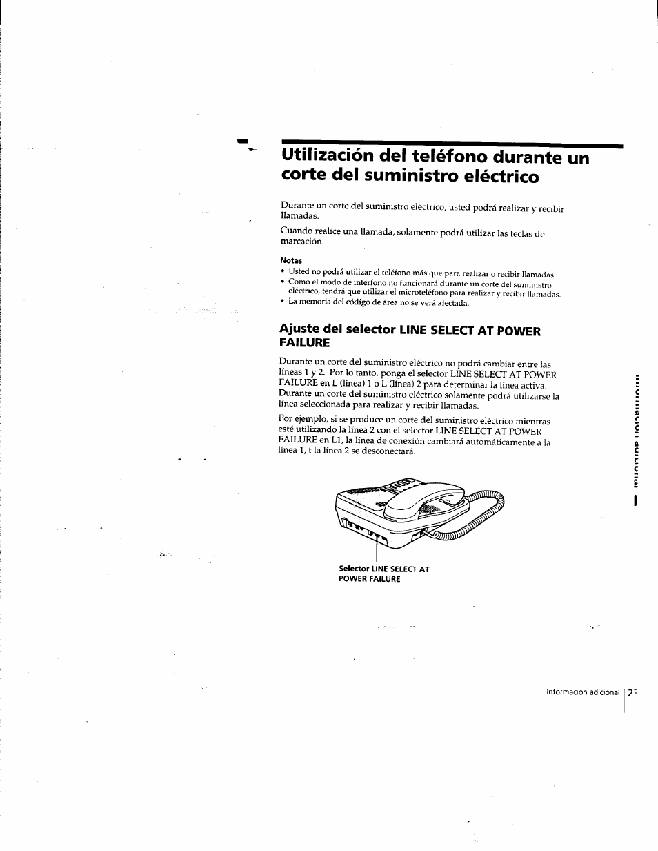 Notas, Ajuste del selector une select at power failure | Sony IT-M202 User Manual | Page 50 / 55