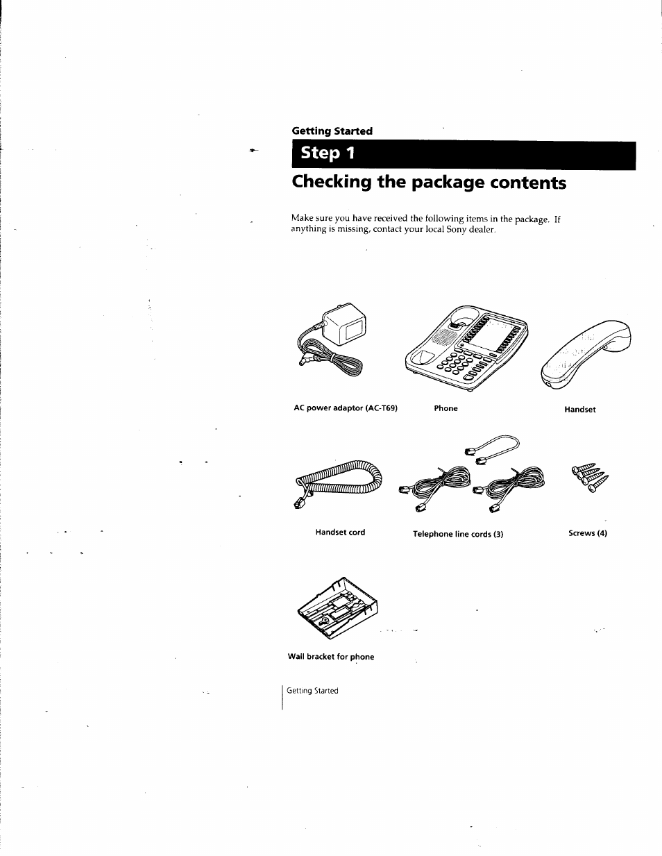 Step 1, Checking the package contents, Ac power adaptor (ac-t69) phone | Telephone line cords (3), Screws (4), Step 1 checking the package contents | Sony IT-M202 User Manual | Page 6 / 55