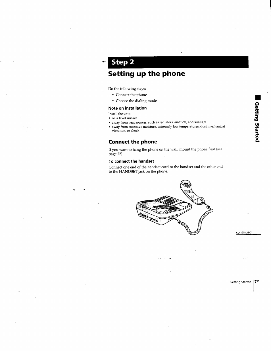 Step 2, Setting up the phone, Note on installation | To connect the handset, Connect the phone | Sony IT-M202 User Manual | Page 7 / 55