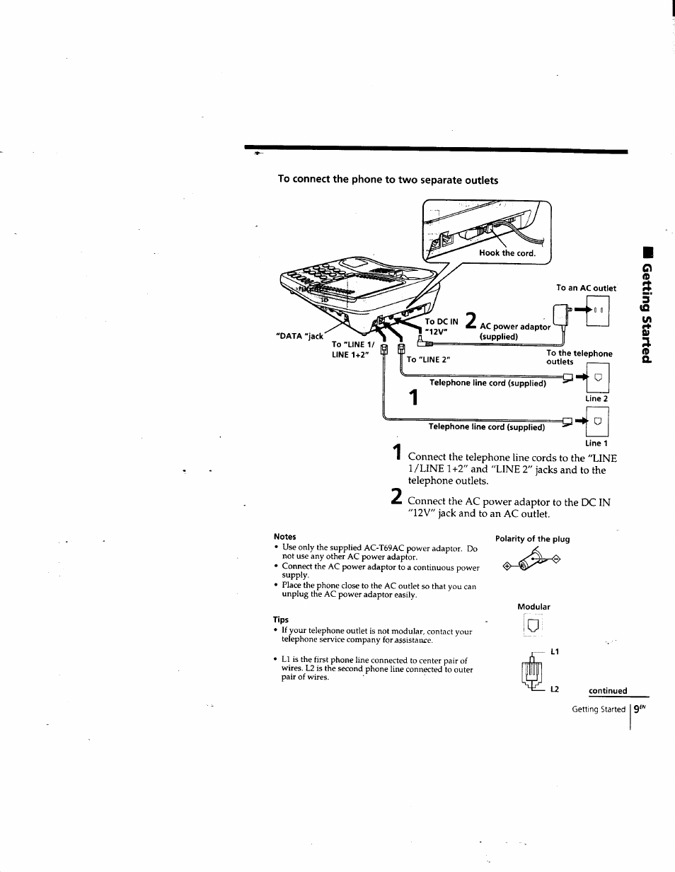 To connect the phone to two separate outlets, Notes, Tips | Sony IT-M202 User Manual | Page 9 / 55