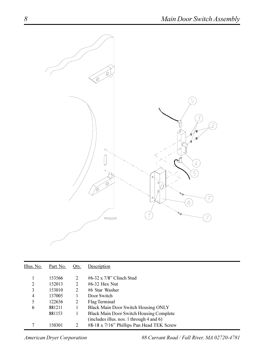 Main door switch assembly | American Dryer Corp. Phase 7 AD-360X2RD User Manual | Page 10 / 33