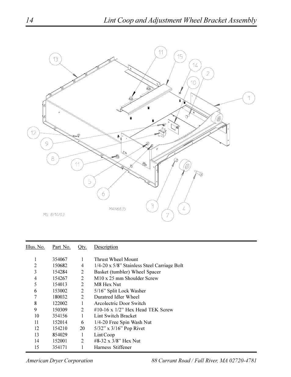 Lint coop and adjustment wheel bracket assembly | American Dryer Corp. Phase 7 AD-360X2RD User Manual | Page 16 / 33