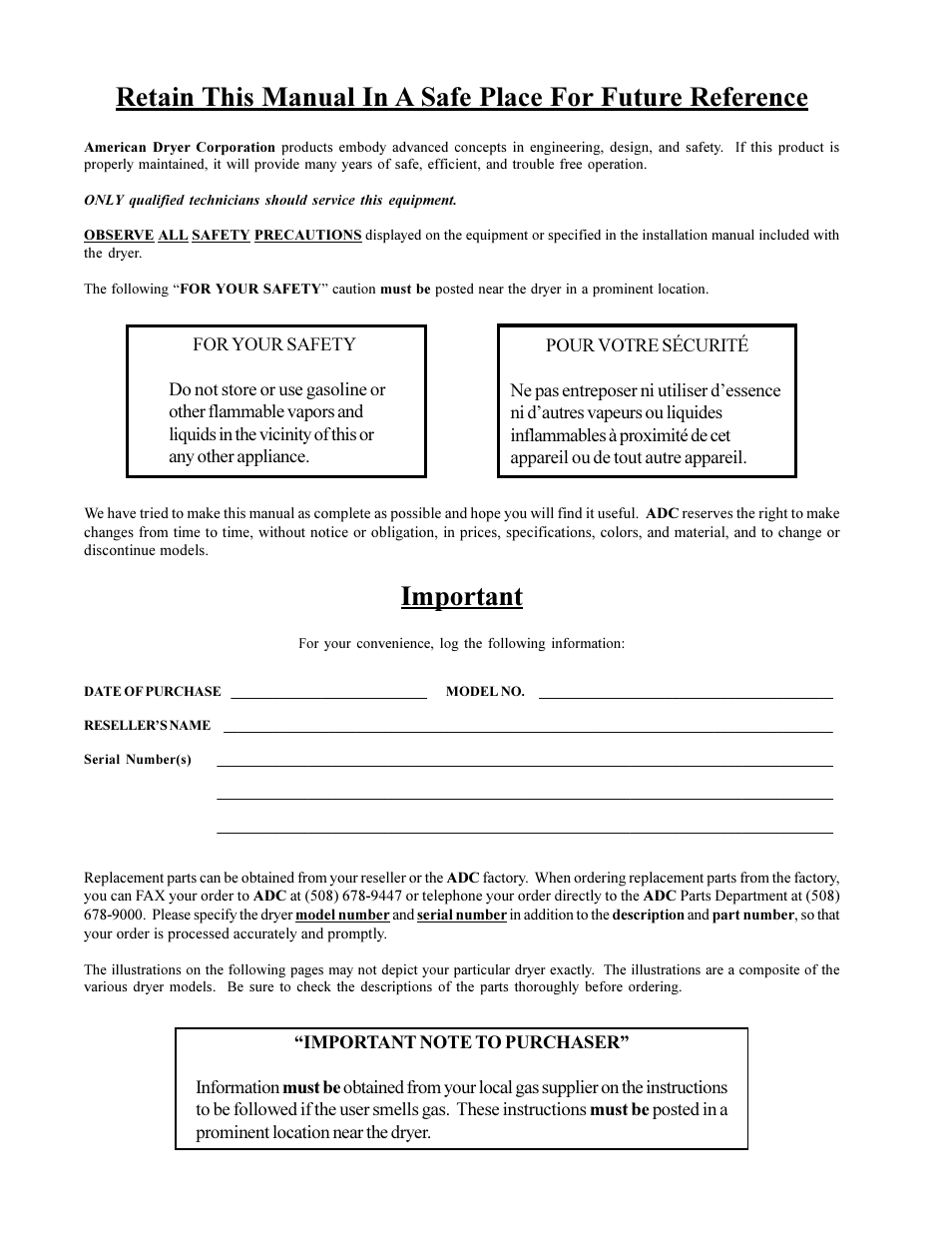 Important | American Dryer Corp. Phase 7 AD-360X2RD User Manual | Page 2 / 33