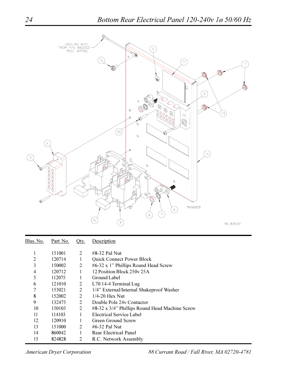 Bottom rear electrical panel 120-240v 1ø 50/60 hz | American Dryer Corp. Phase 7 AD-360X2RD User Manual | Page 26 / 33