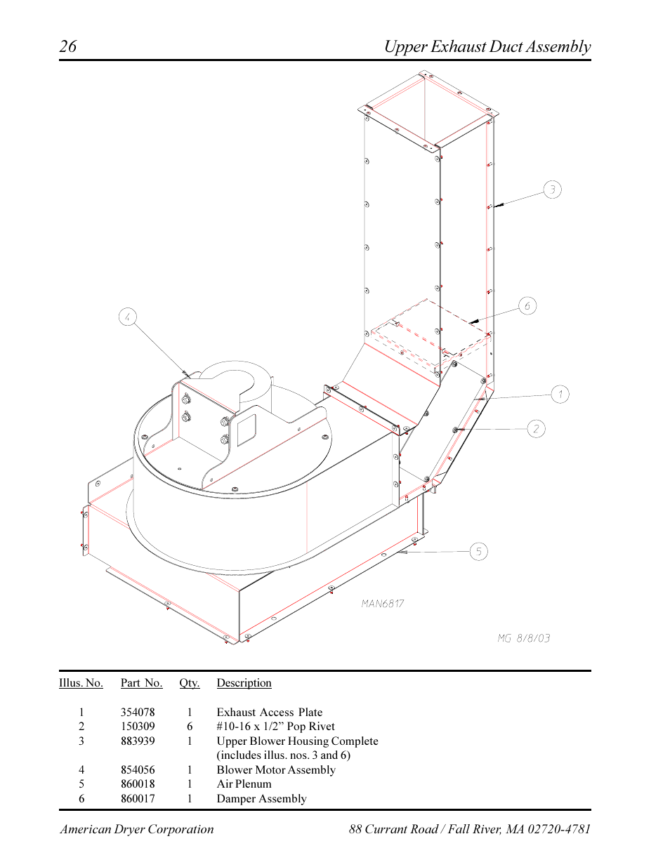 Upper exhaust duct assembly | American Dryer Corp. Phase 7 AD-360X2RD User Manual | Page 28 / 33