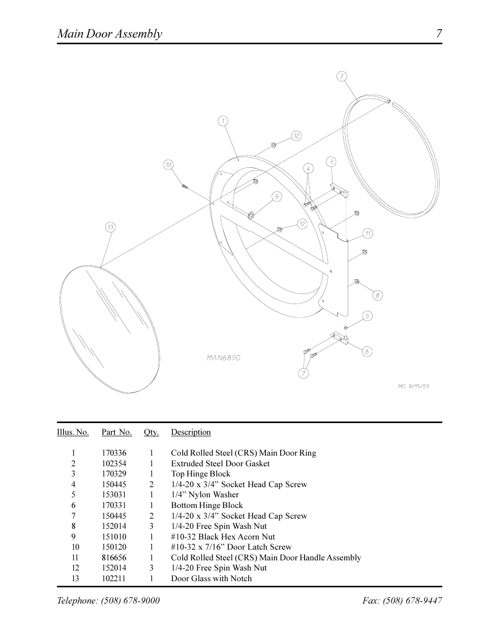 Main door assembly | American Dryer Corp. Phase 7 AD-360X2RD User Manual | Page 9 / 33