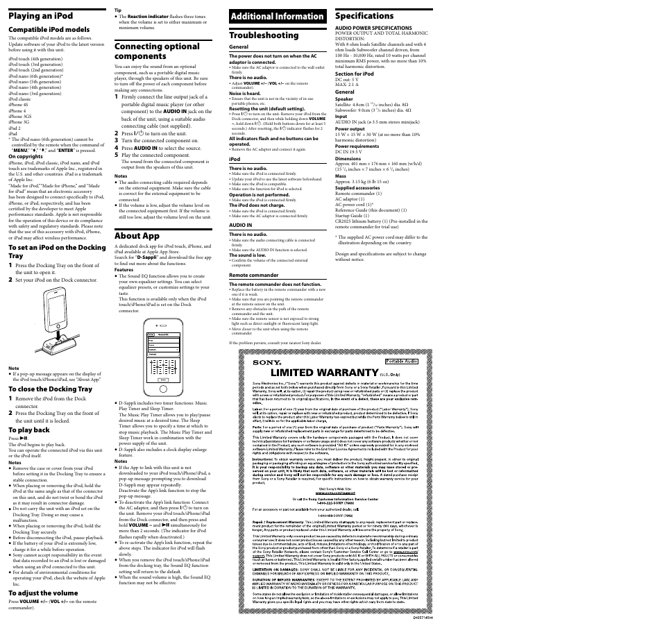 Additional information, Playing an ipod, Connecting optional components | About app, Troubleshooting, Specifications | Sony RDP-X500IP User Manual | Page 2 / 2