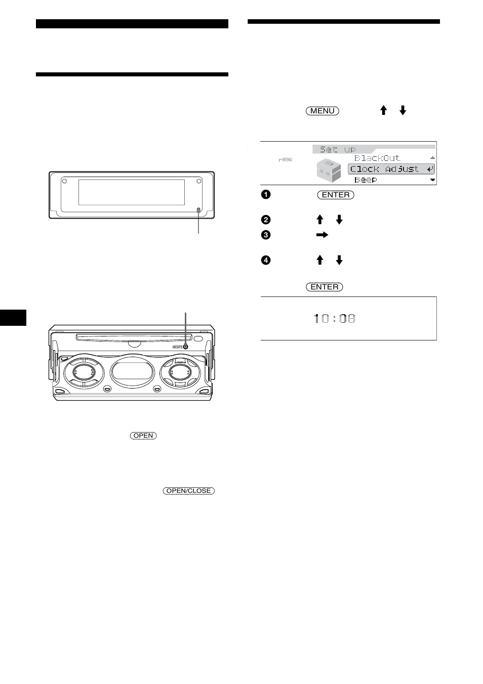 Procedimientos iniciales, Restauración de la unidad, Ajuste del reloj | Restauración de la unidad ajuste del reloj | Sony CDX-M850MP User Manual | Page 72 / 96