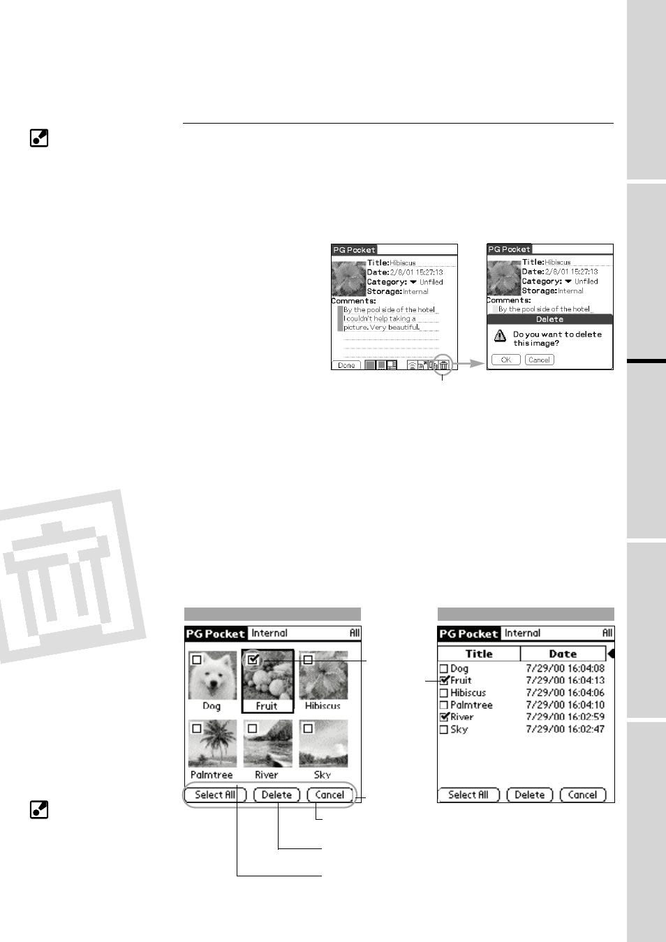 Deleting, Picturegear pocket | Sony PEG-S320 User Manual | Page 17 / 31