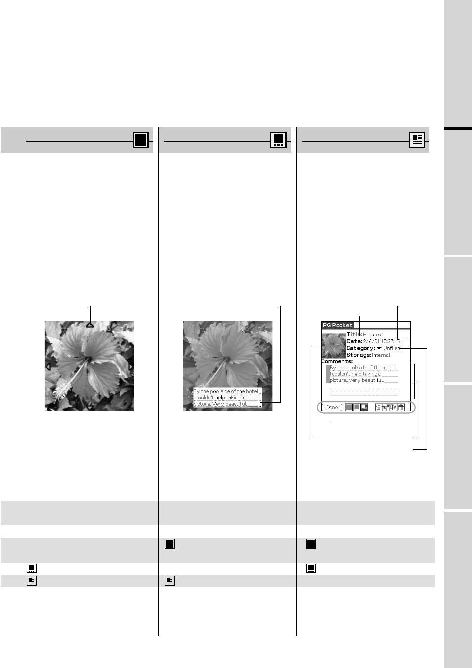 Full screen mode (browse mode), Memo mode (browse mode), Information mode (browse mode) | Picturegear pocket, Full screen mode, Information mode | Sony PEG-S320 User Manual | Page 9 / 31