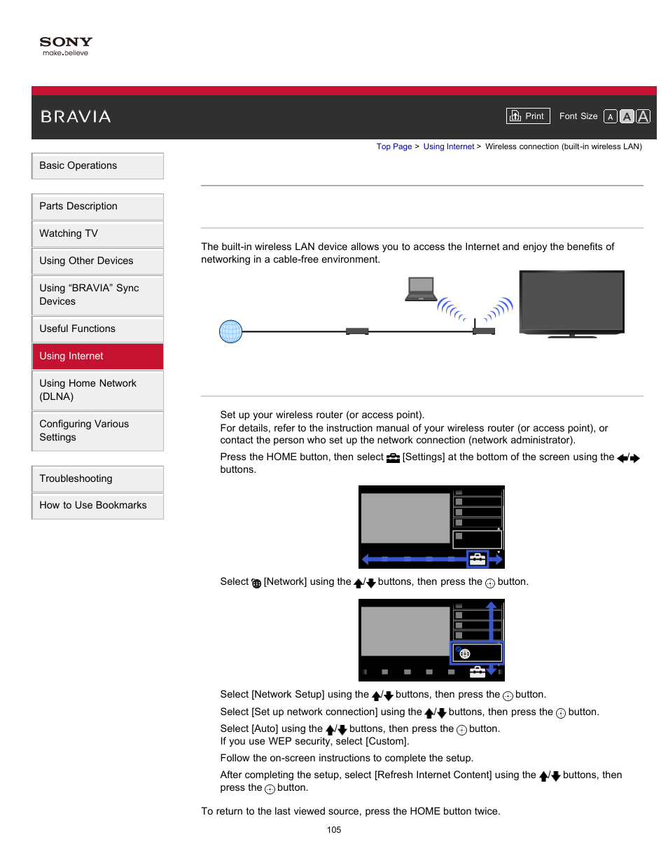 Wireless connection (built-in wireless lan) | Sony XBR-65HX950 User Manual | Page 105 / 194