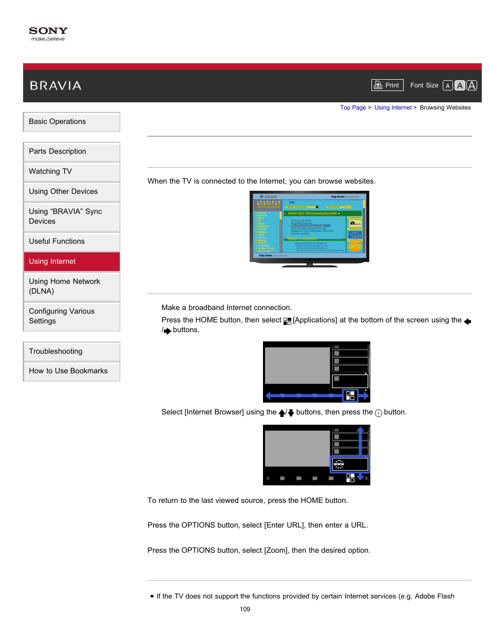 Browsing websites | Sony XBR-65HX950 User Manual | Page 109 / 194