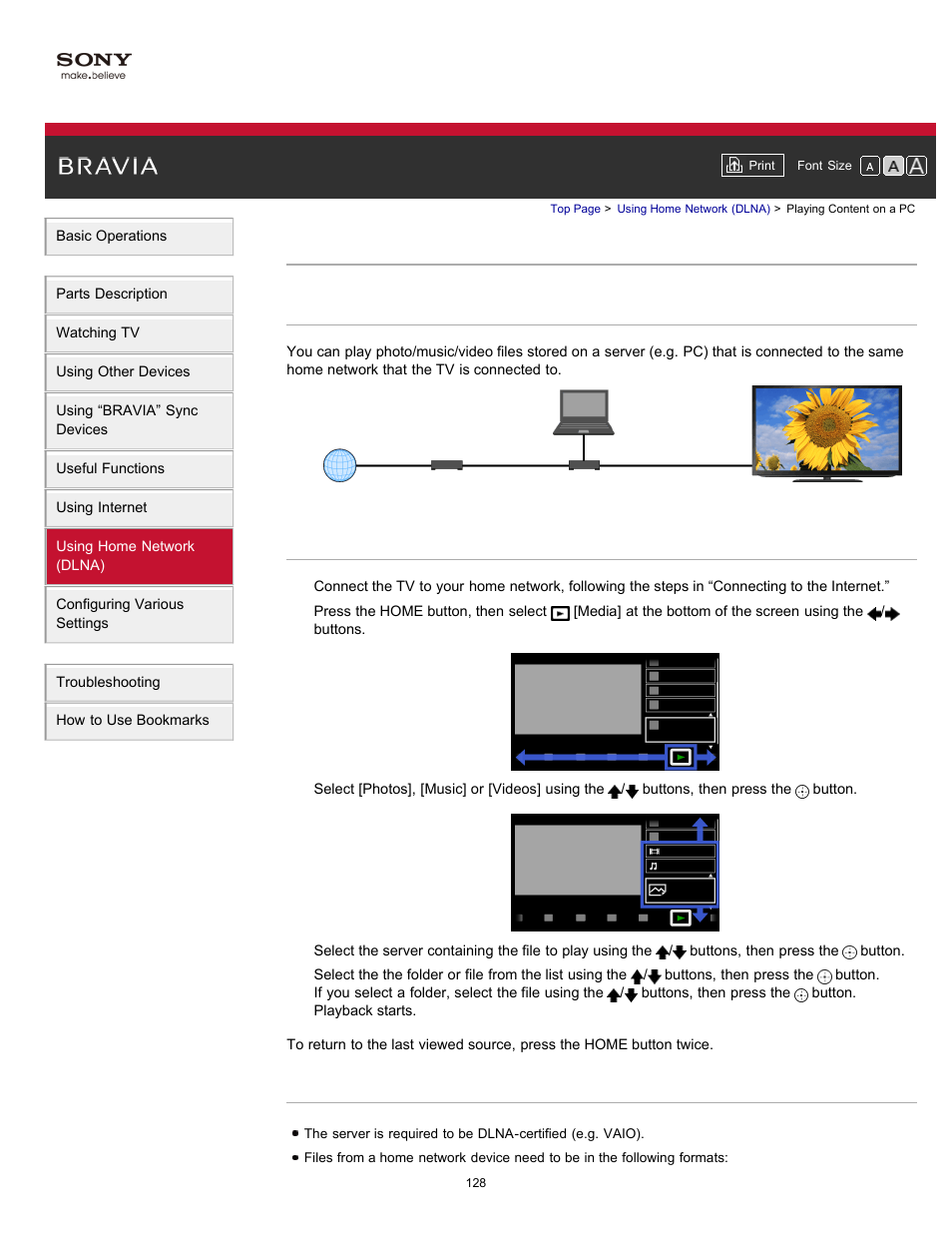 Playing content on a pc | Sony XBR-65HX950 User Manual | Page 128 / 194