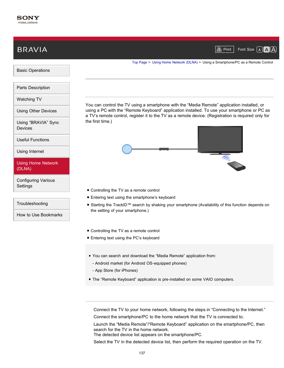 Using a smartphone/pc as a remote control | Sony XBR-65HX950 User Manual | Page 137 / 194