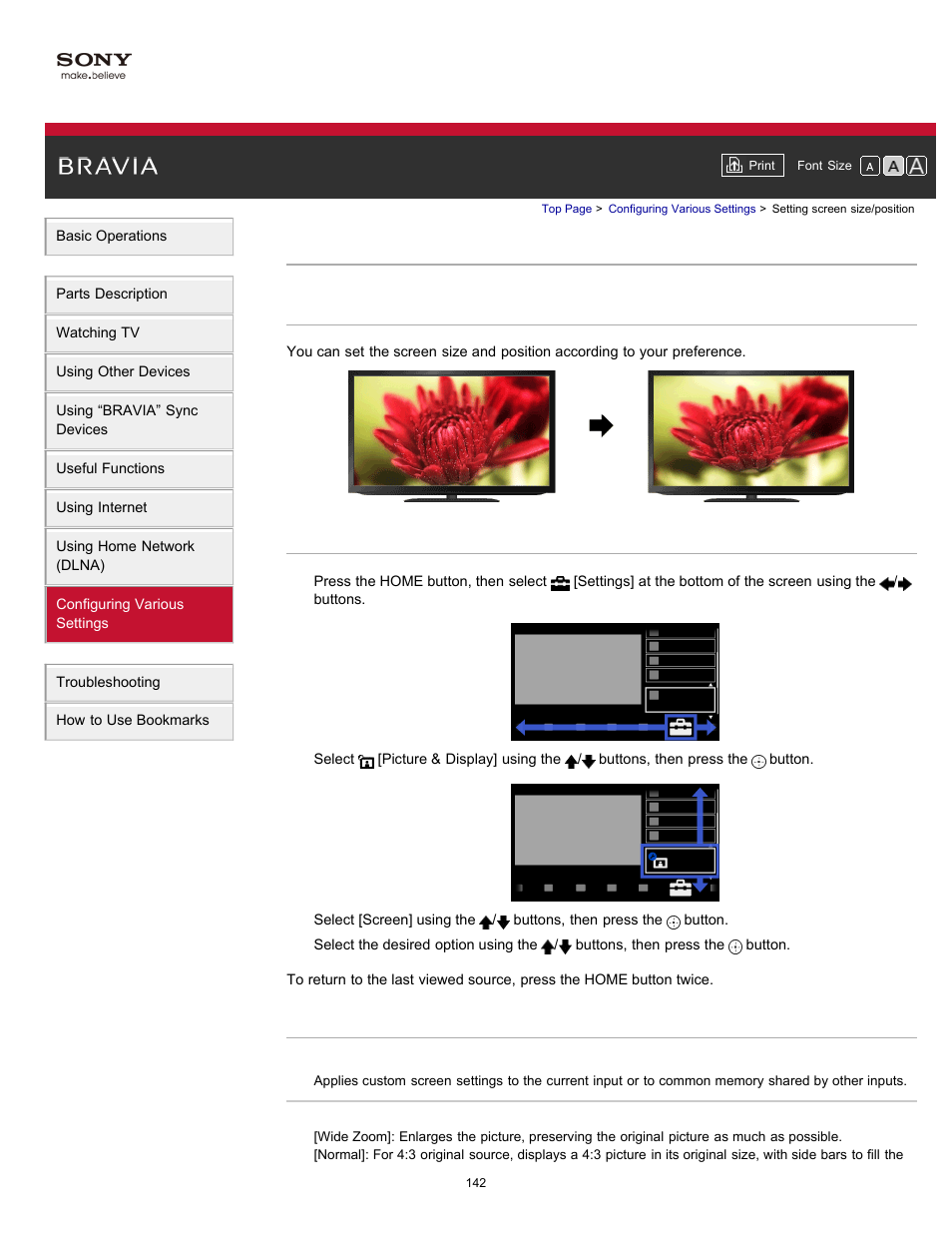 Setting screen size/position | Sony XBR-65HX950 User Manual | Page 142 / 194