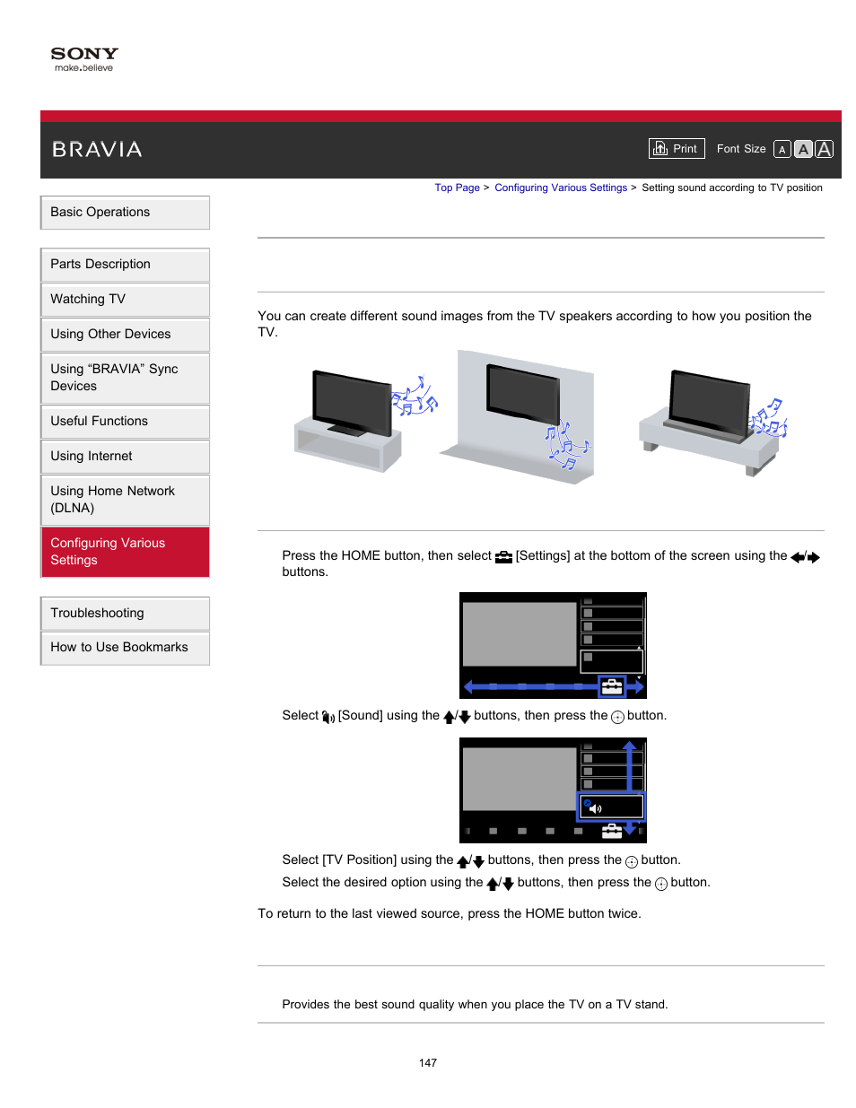 Setting sound according to tv position | Sony XBR-65HX950 User Manual | Page 147 / 194