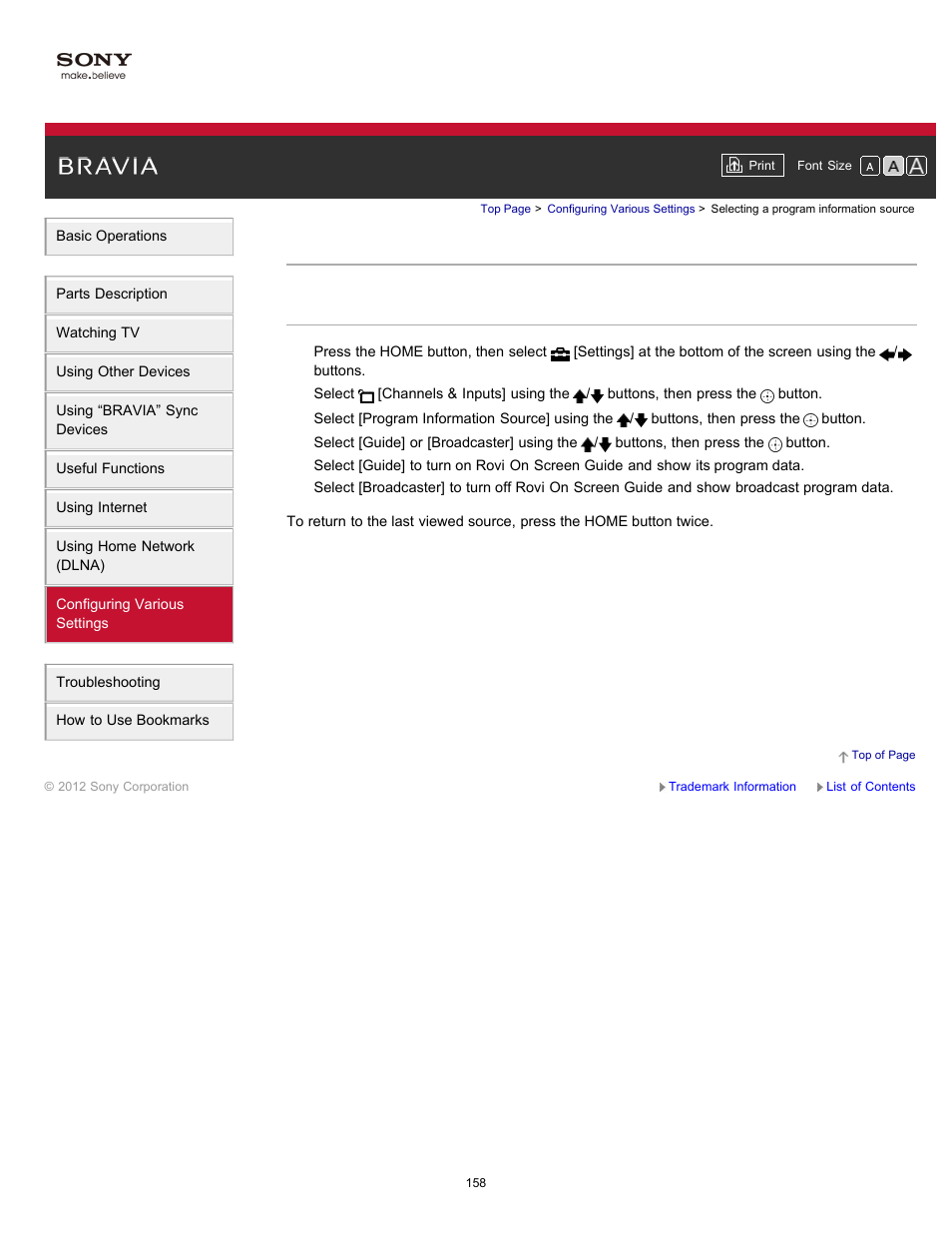 Selecting a program information source | Sony XBR-65HX950 User Manual | Page 158 / 194