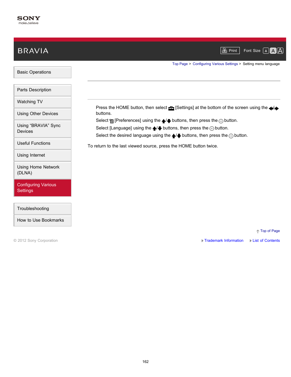 Setting menu language | Sony XBR-65HX950 User Manual | Page 162 / 194