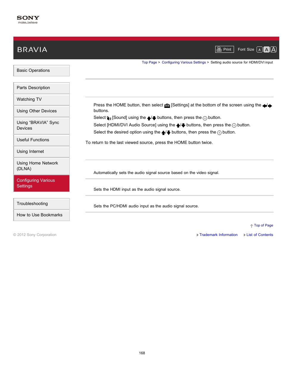 Setting audio source for hdmi/dvi input | Sony XBR-65HX950 User Manual | Page 168 / 194