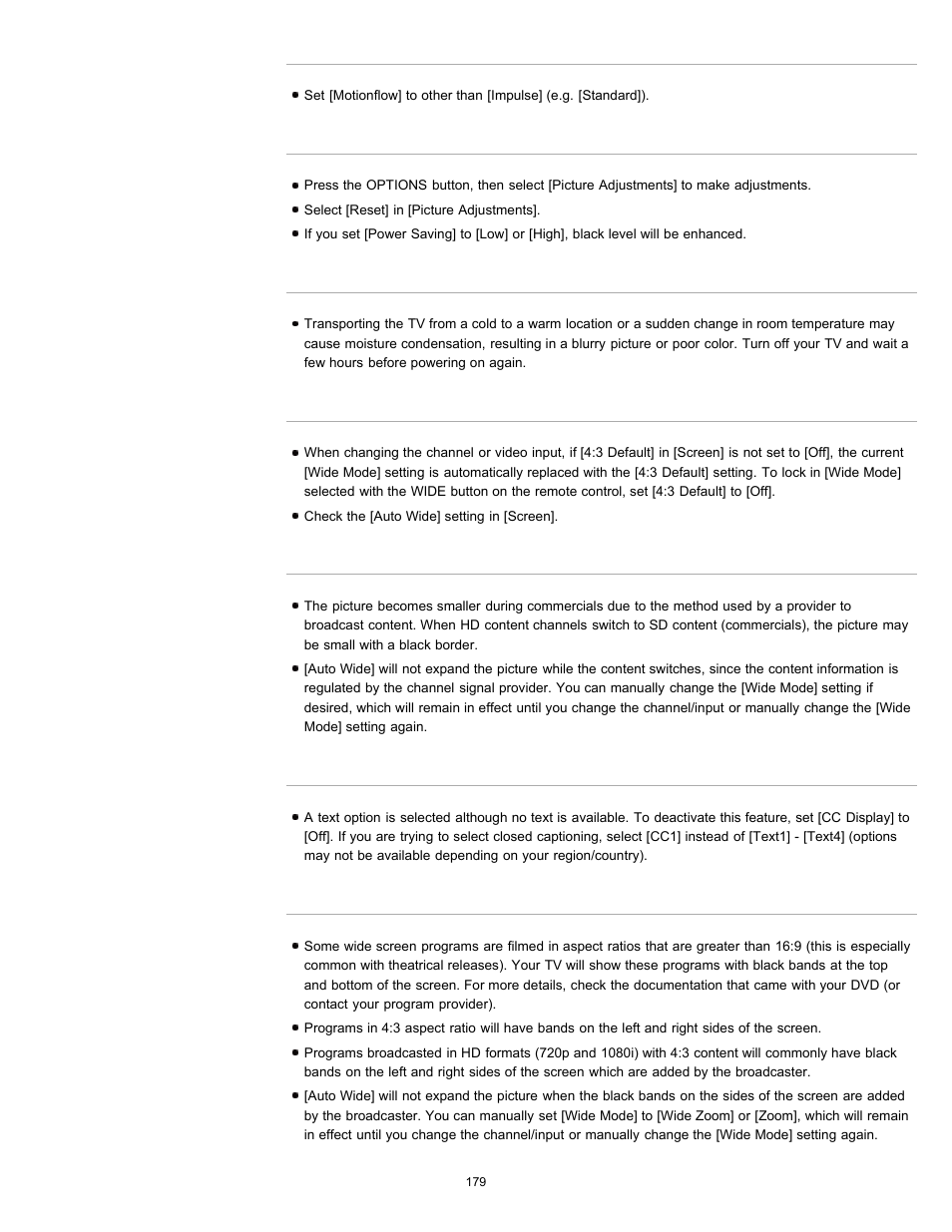 The screen flickers, Blurry picture or poor color, Screen format/wide mode changes automatically | Suddenly the picture becomes small, Black box on screen, Black bands appear at the edges of the screen | Sony XBR-65HX950 User Manual | Page 179 / 194