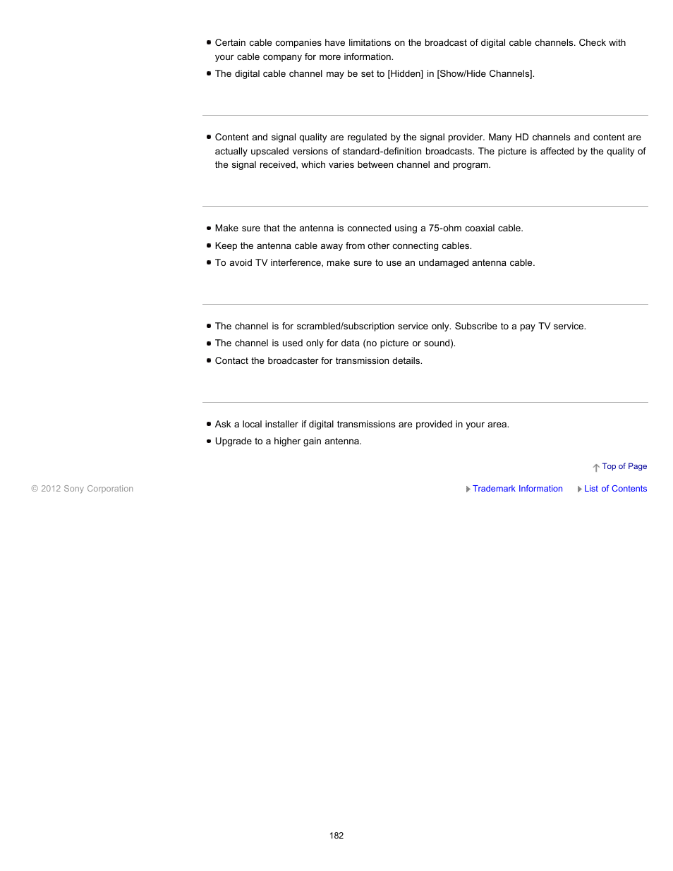 Broadcast hd formats have poor quality, Noisy picture, Some channels are blank | You cannot view digital channels | Sony XBR-65HX950 User Manual | Page 182 / 194