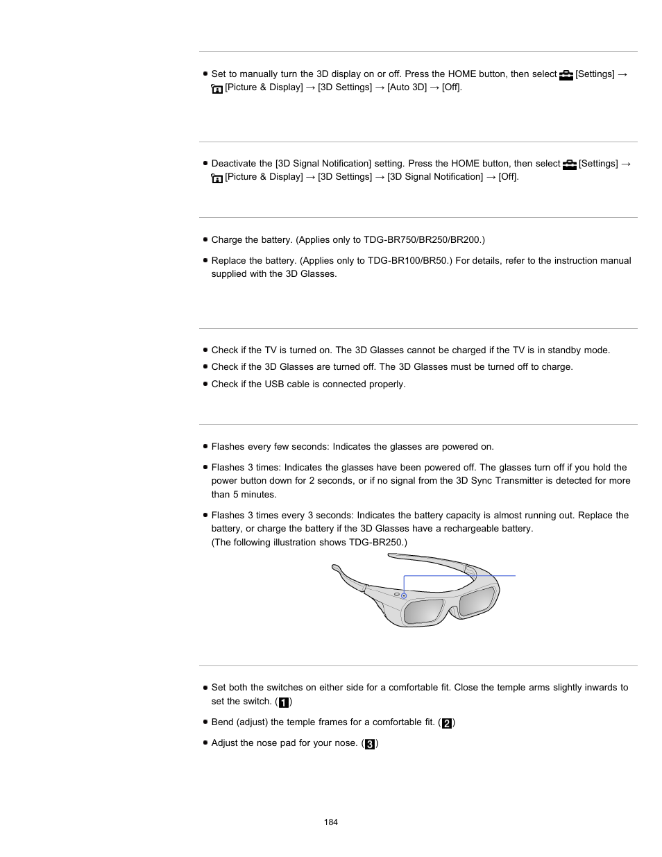 You cannot turn the 3d glasses on, Led indicator on the 3d glasses flashes | Sony XBR-65HX950 User Manual | Page 184 / 194