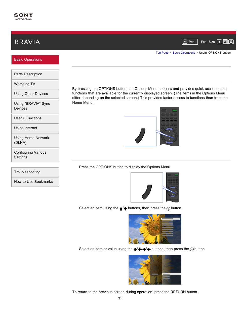 Useful options button | Sony XBR-65HX950 User Manual | Page 31 / 194