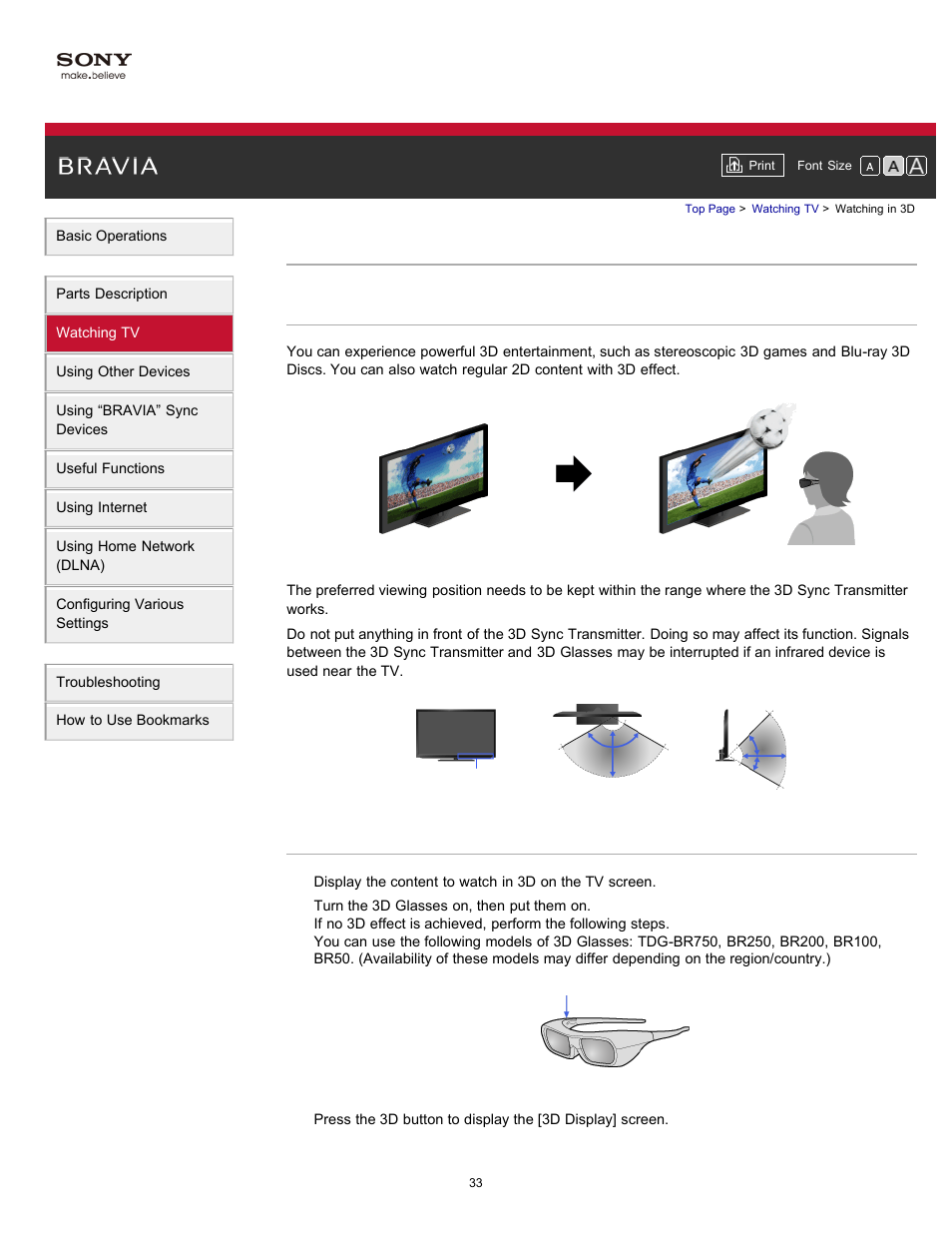 Watch in 3d, Watching in 3d | Sony XBR-65HX950 User Manual | Page 33 / 194