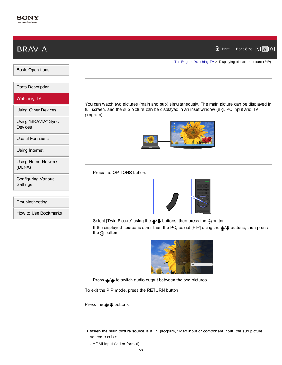 Displaying picture-in-picture (pip) | Sony XBR-65HX950 User Manual | Page 53 / 194