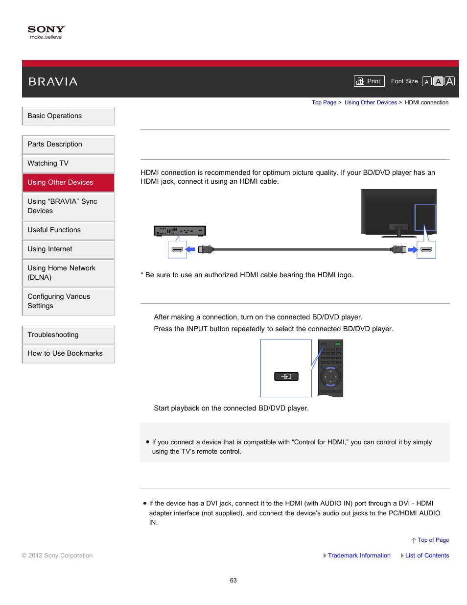 Hdmi connection | Sony XBR-65HX950 User Manual | Page 63 / 194