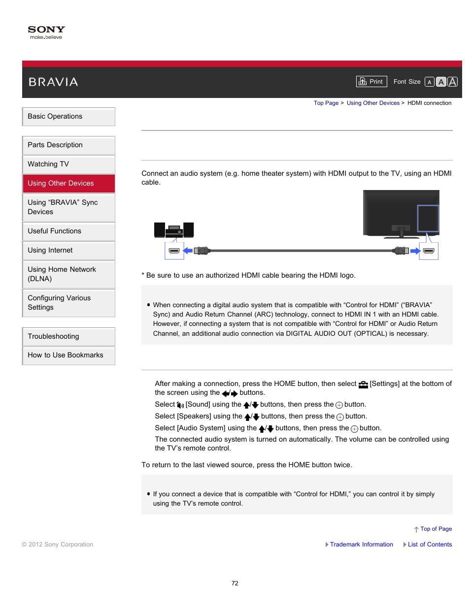 Hdmi connection | Sony XBR-65HX950 User Manual | Page 72 / 194