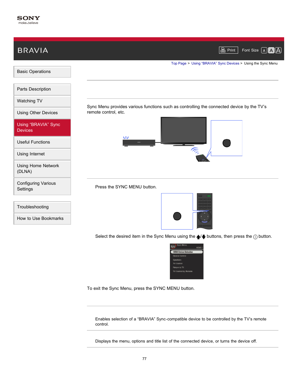 Using the sync menu, Sync menu | Sony XBR-65HX950 User Manual | Page 77 / 194