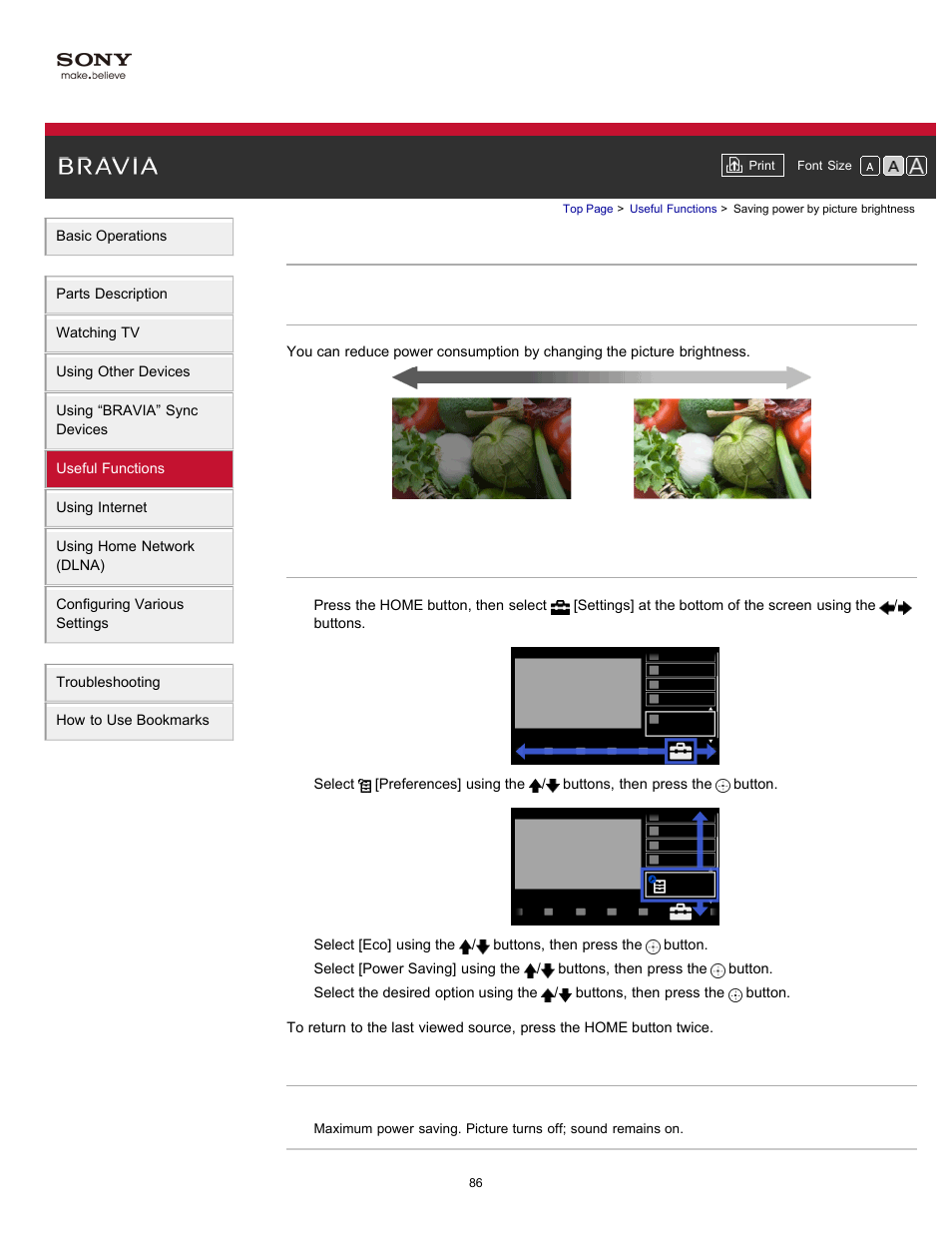 Saving power by picture brightness | Sony XBR-65HX950 User Manual | Page 86 / 194