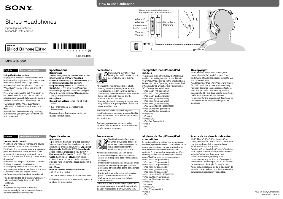 Sony MDR-XB400 User Manual | 1 page