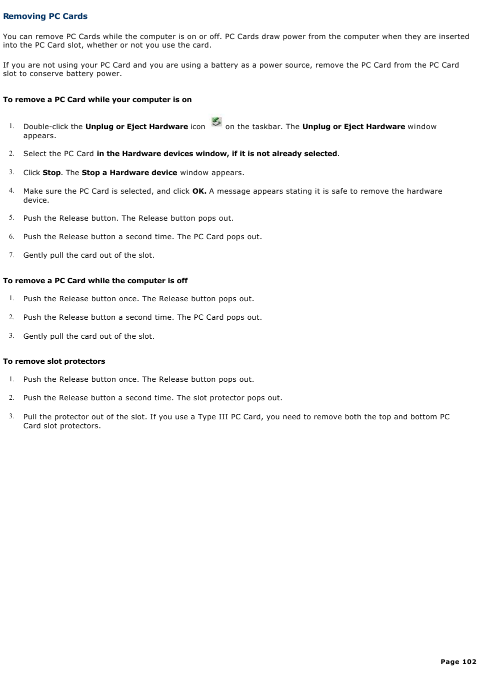 Removing pc cards | Sony PCG-SRX99K User Manual | Page 102 / 217